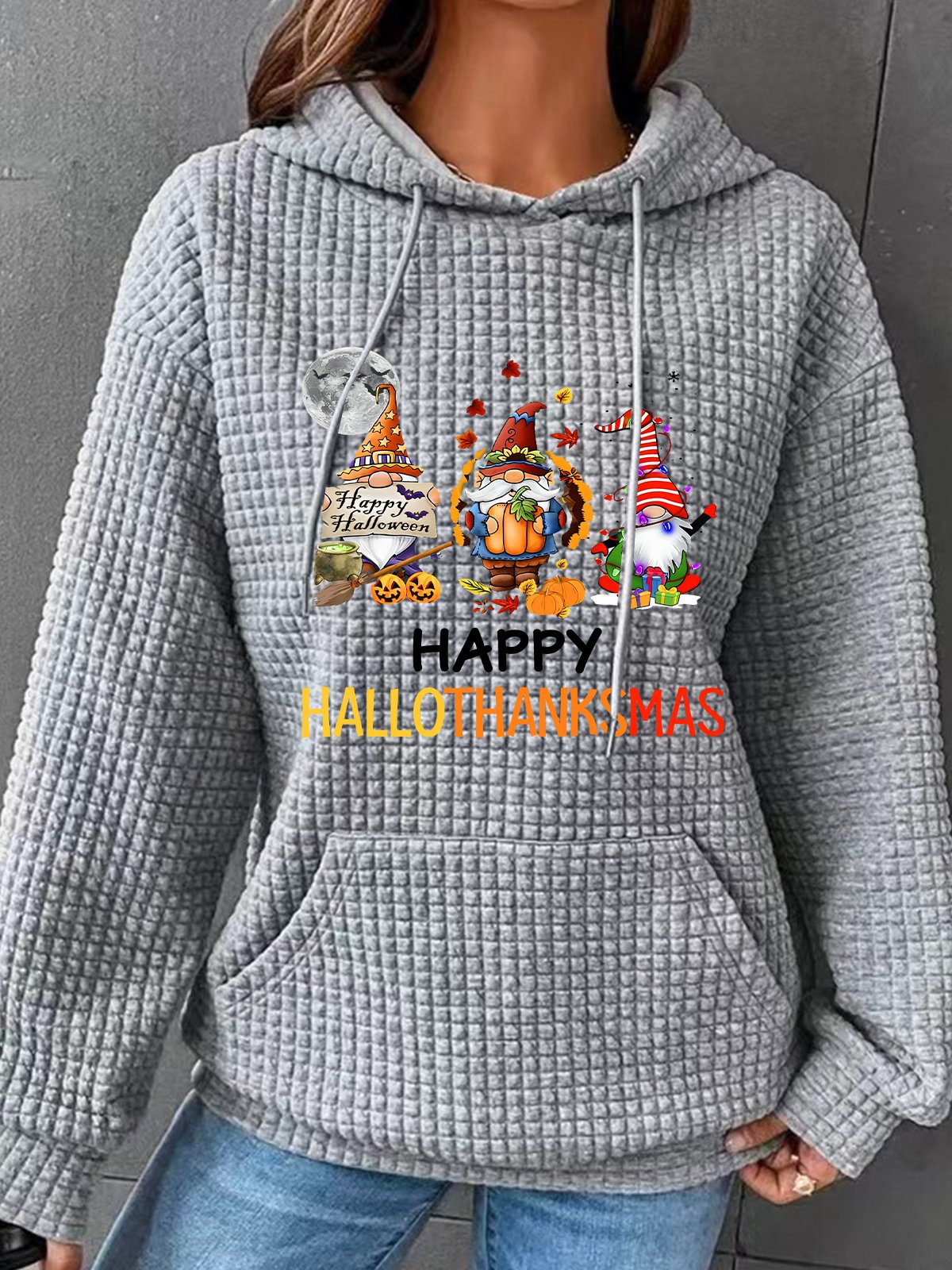 Happy Hallothanksmas Halloween Thanksgiving Christmas Gnome Simple Loose Hoodie