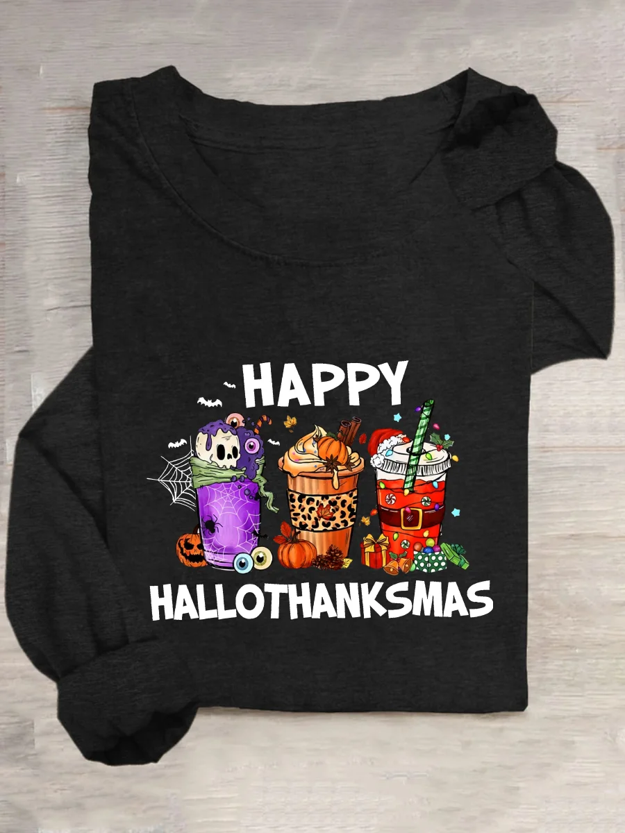 Happy Hallothanksmas For Coffee Lover Casual Long Sleeve Shirt