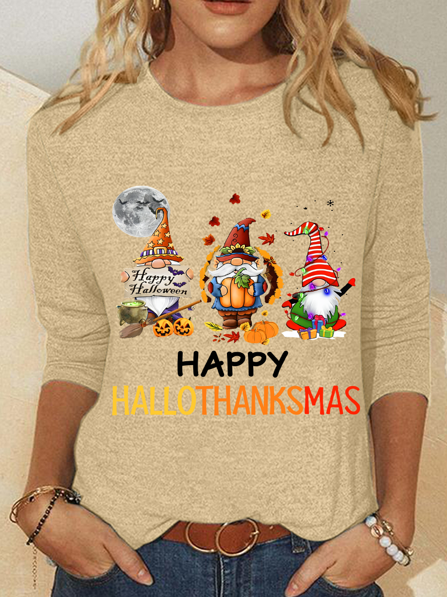 Happy Hallothanksmas Halloween Thanksgiving Christmas Gnome Casual Long Sleeve Shirt