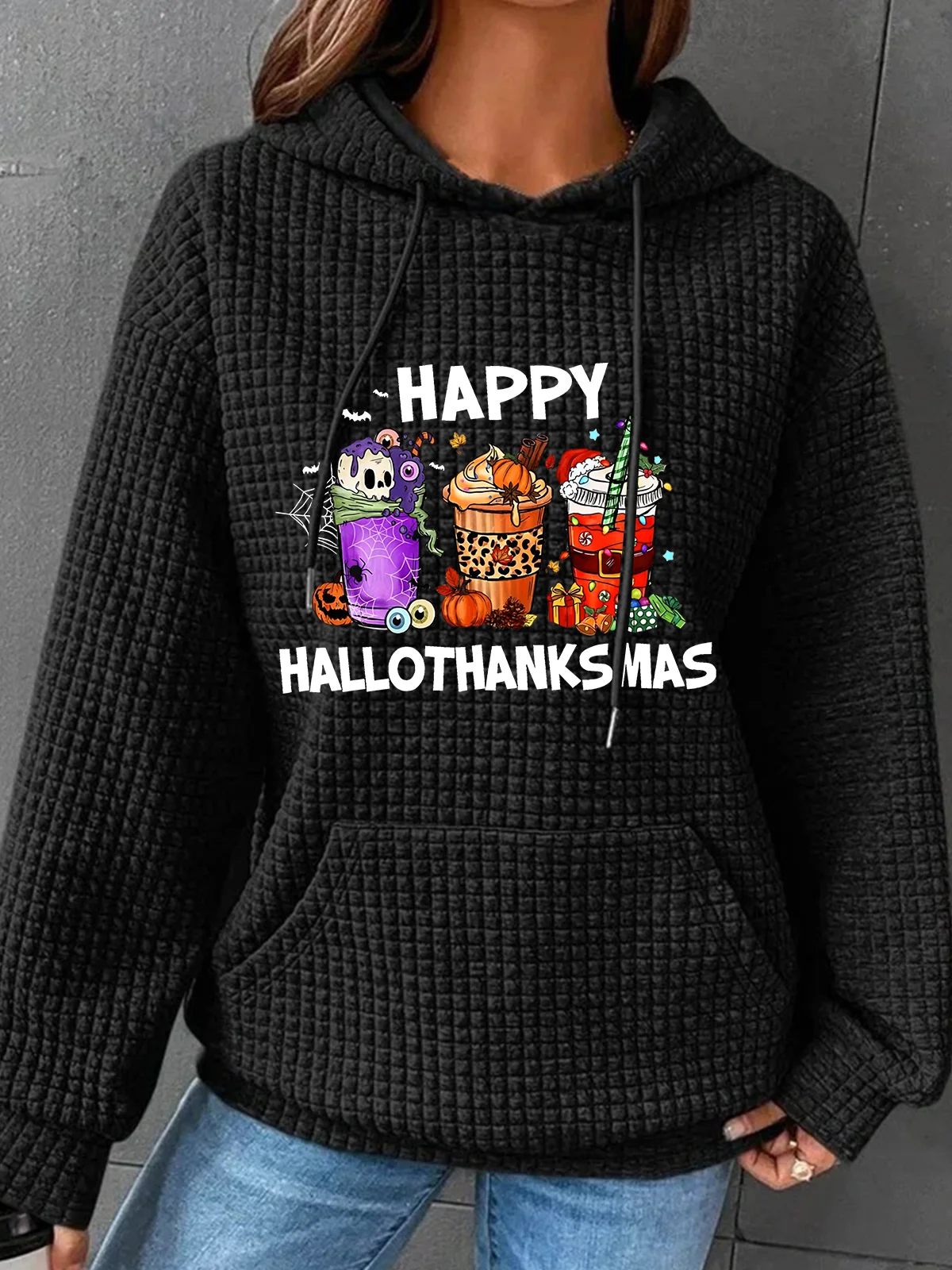 Happy Hallothanksmas For Coffee Lover Simple Loose Hoodie