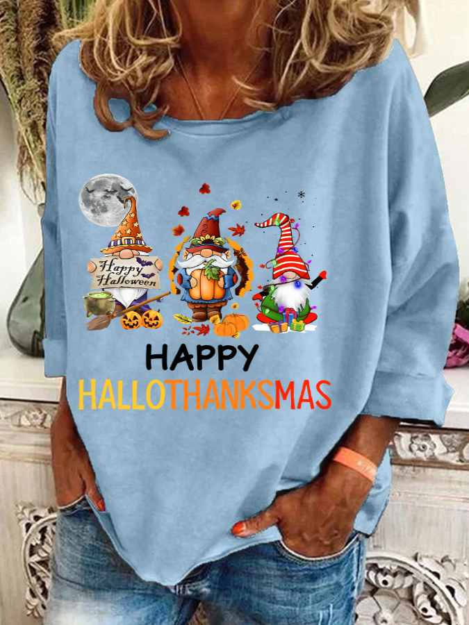 Happy Hallothanksmas Halloween Thanksgiving Christmas Gnome Casual Sweatshirt