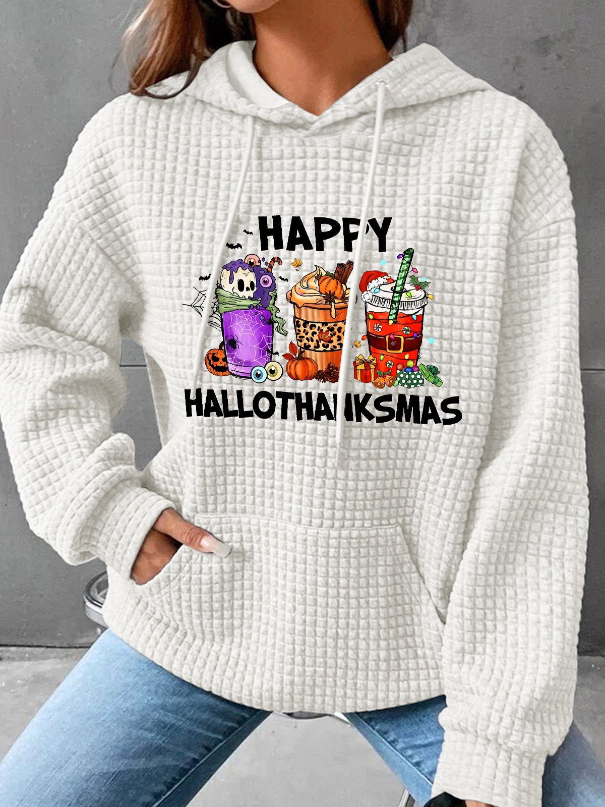 Happy Hallothanksmas For Coffee Lover Simple Loose Hoodie