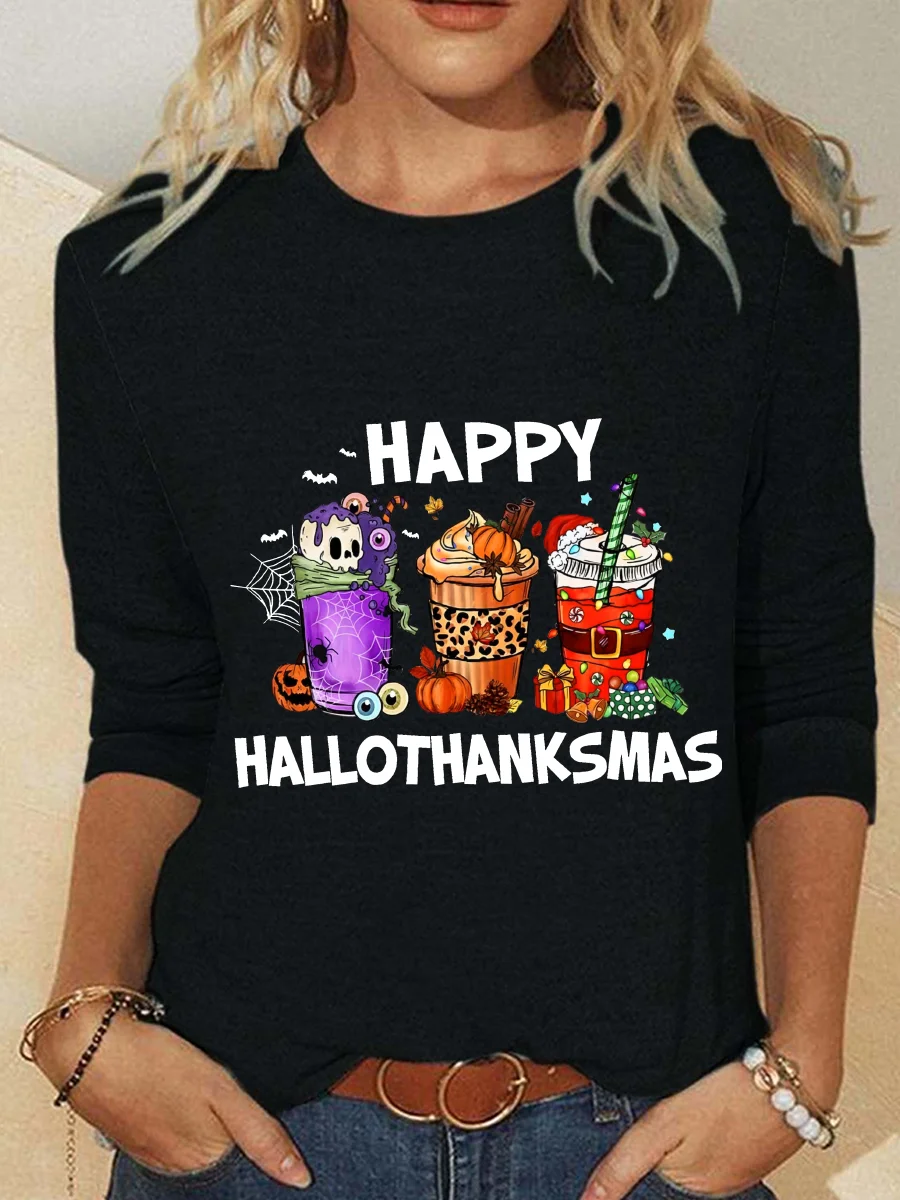 Happy Hallothanksmas For Coffee Lover Casual Long Sleeve Shirt