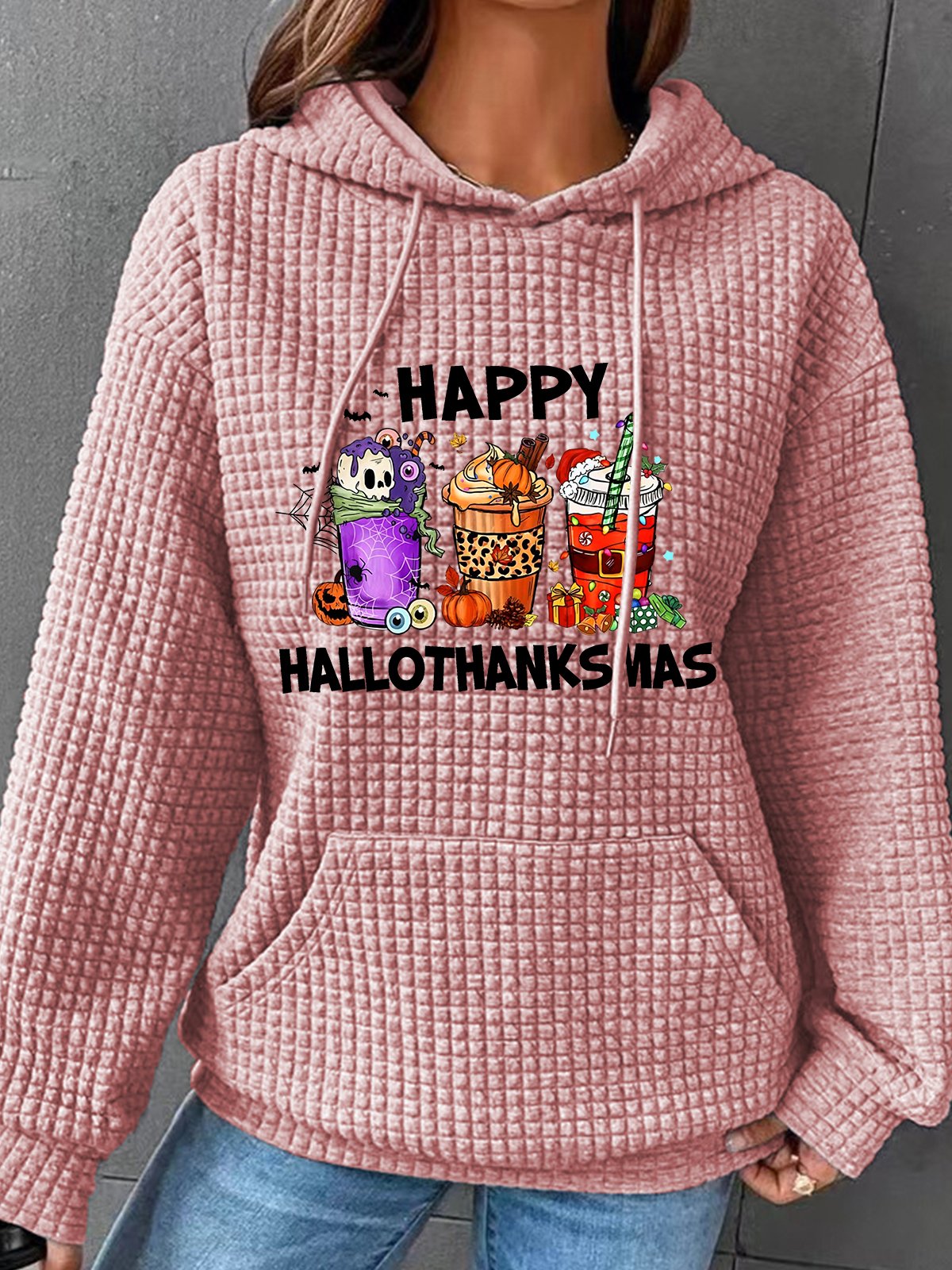 Happy Hallothanksmas For Coffee Lover Simple Loose Hoodie