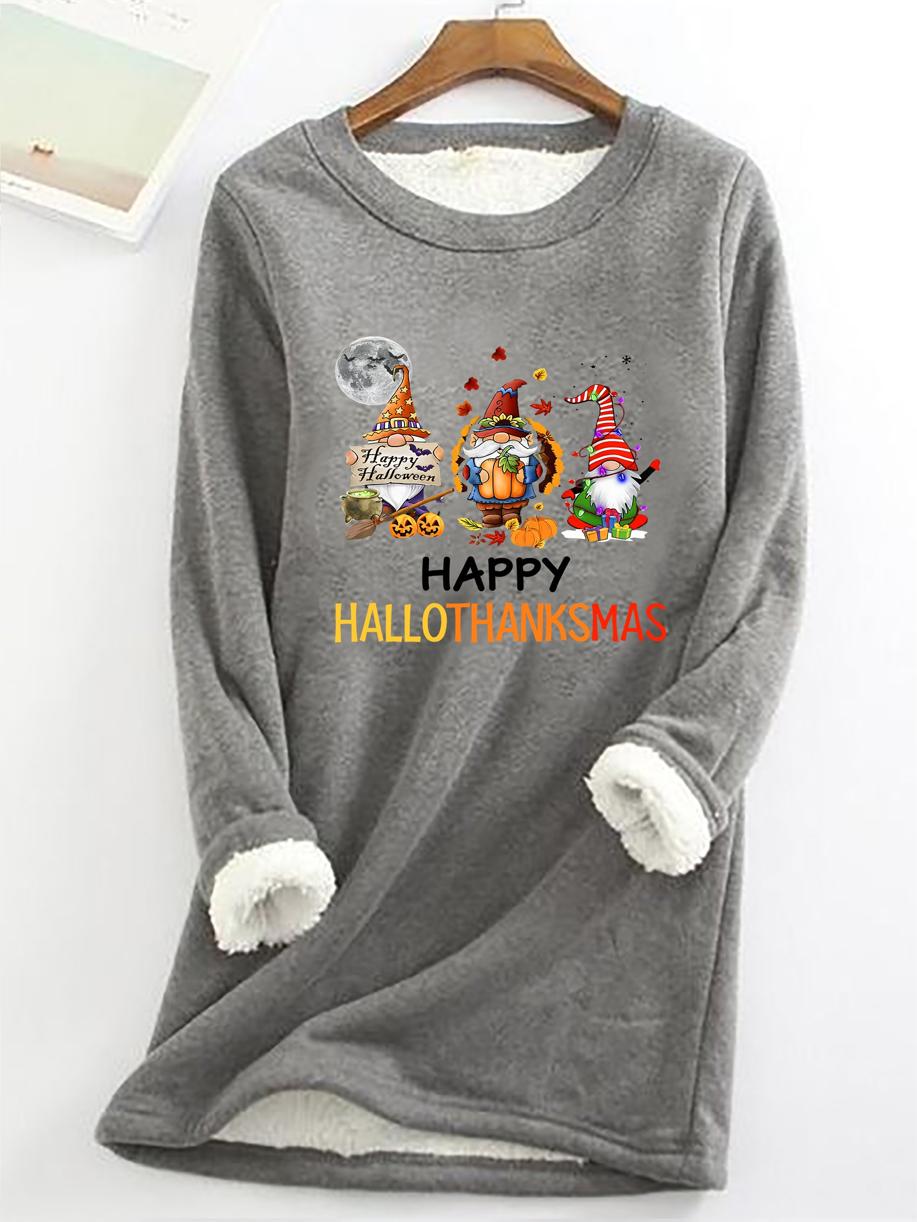 Happy Hallothanksmas Halloween Thanksgiving Christmas Gnome Casual Fluff Fleece Fabric Sweatshirt