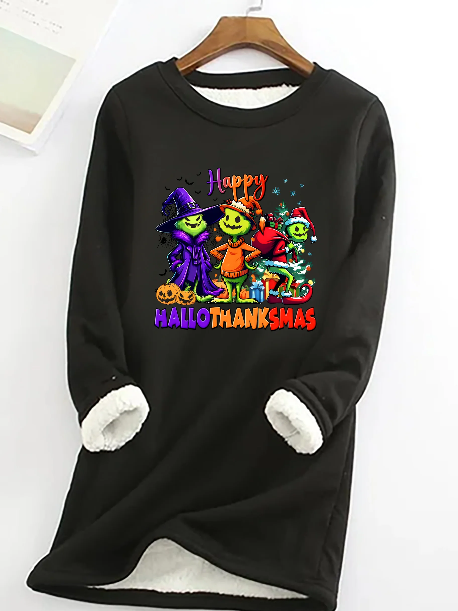 Happy Hallothanksmas Casual Fluff Fleece Fabric Sweatshirt