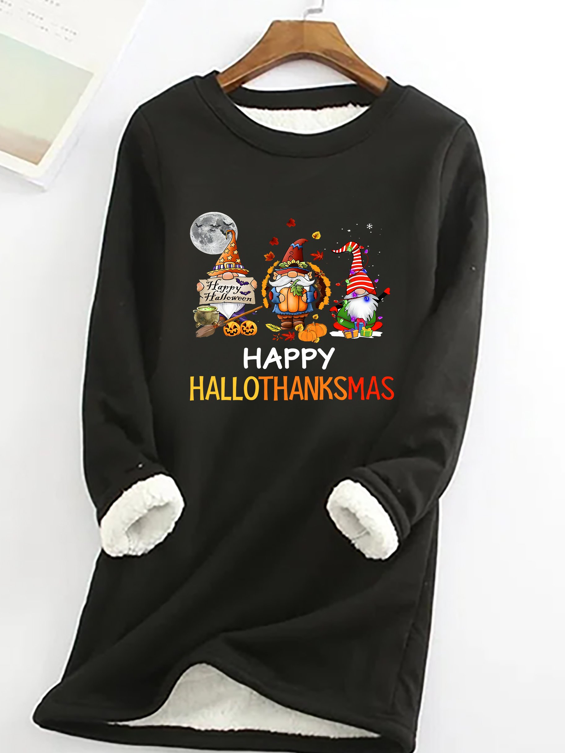 Happy Hallothanksmas Halloween Thanksgiving Christmas Gnome Casual Fluff Fleece Fabric Sweatshirt