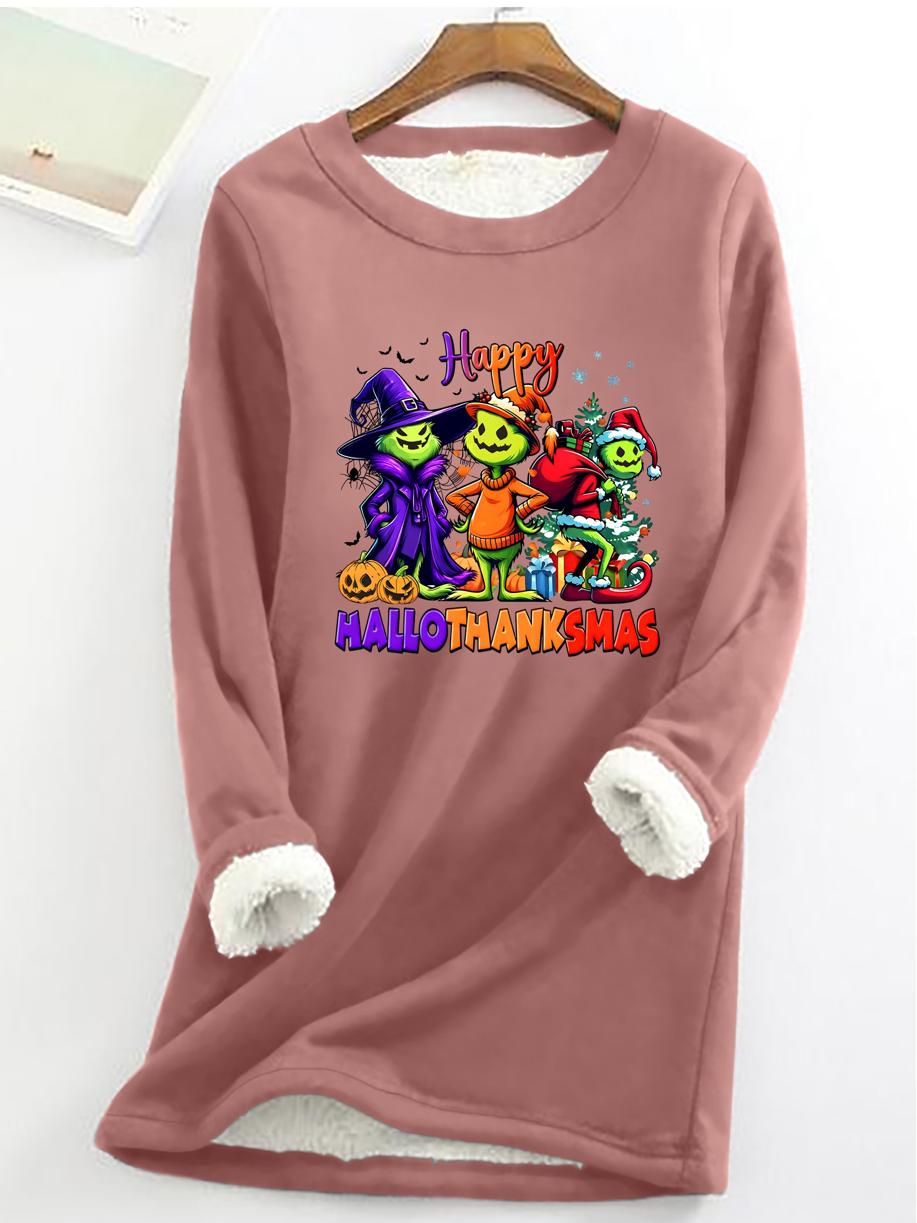 Happy Hallothanksmas Casual Fluff Fleece Fabric Sweatshirt