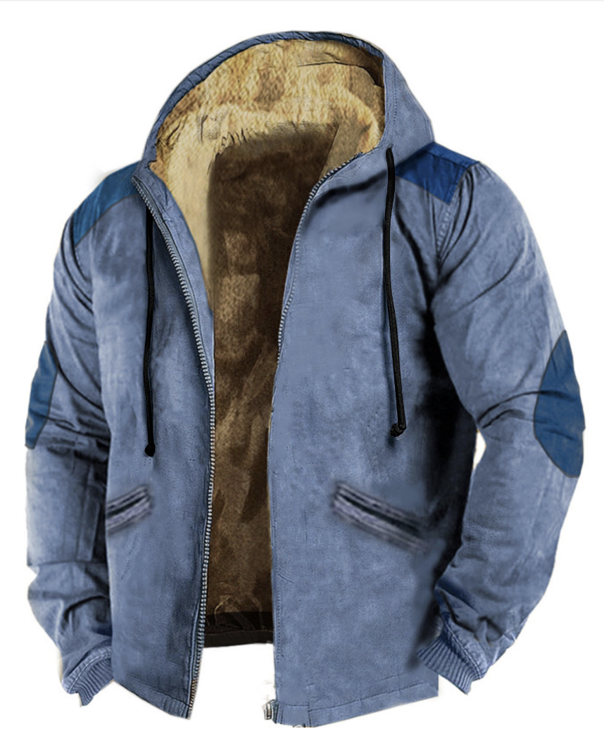 Men's retro outdoor fleece warm hooded jacket