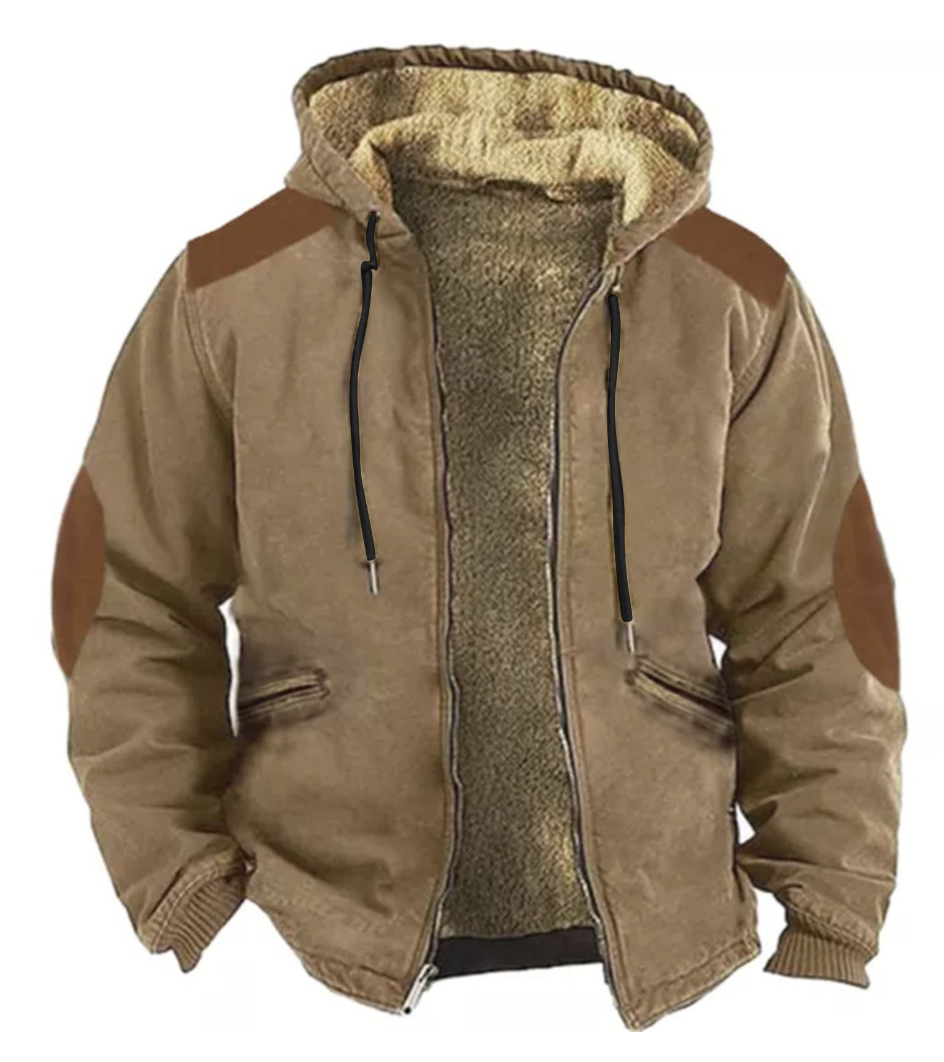 Men's retro outdoor fleece warm hooded jacket