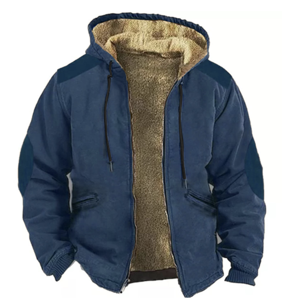 Men's retro outdoor fleece warm hooded jacket