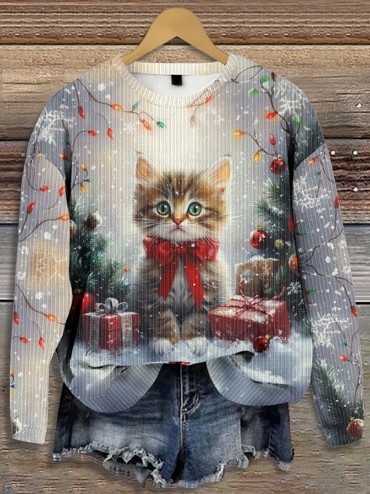 Christmas tree Cat Christmas Knitted Casual Sweater