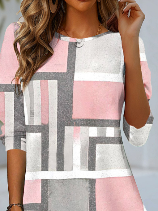 Women's Long Sleeve T-shirt Spring/Fall Pink Geometric Jersey Crew Neck Daily Going Out Casual Top