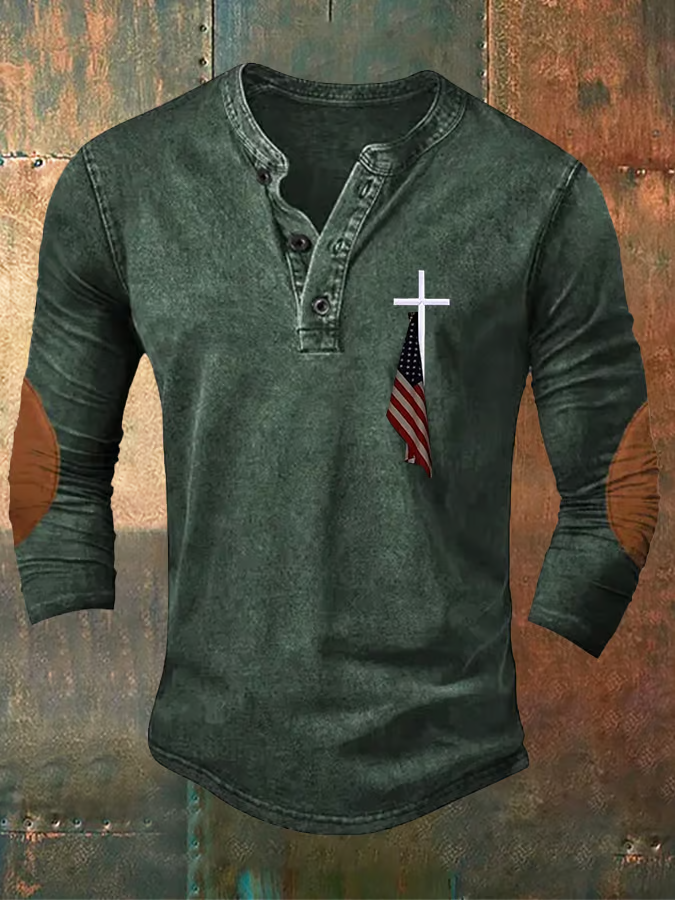 Men's Vintage Flag Cross Cotton Henley Shirt