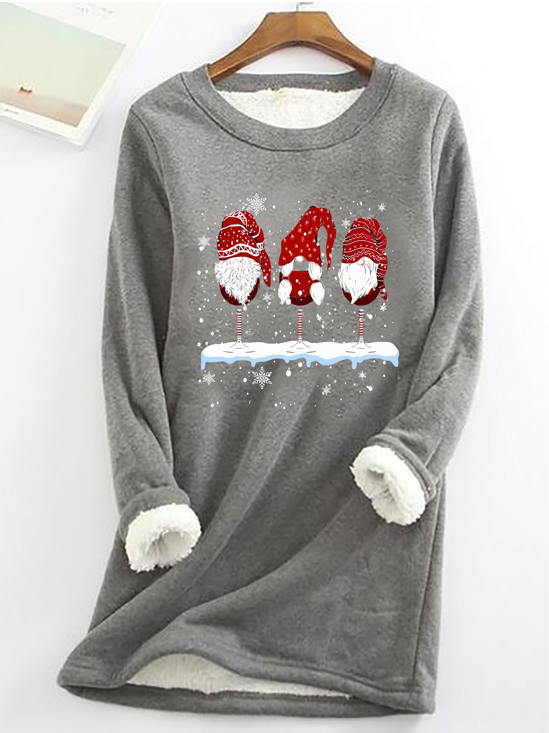 Wine Glasses Gnomies Christmas Casual Fluff Fleece Fabric Sweatshirt