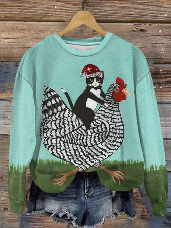 Women's Funny Christmas Cat And Sledding Chicken Print Sweatshirt