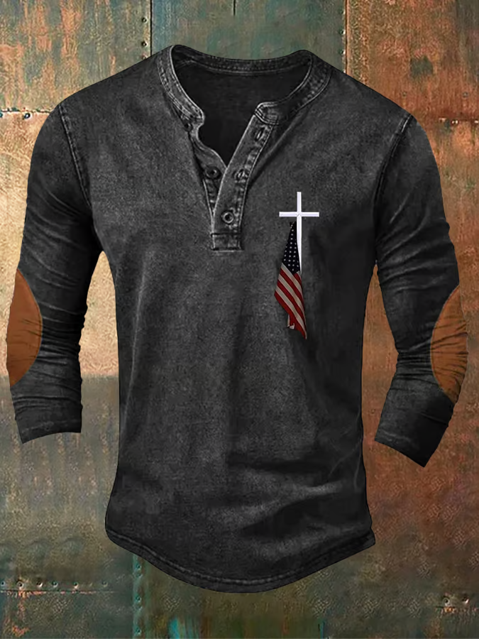 Men's Vintage Flag Cross Cotton Henley Shirt