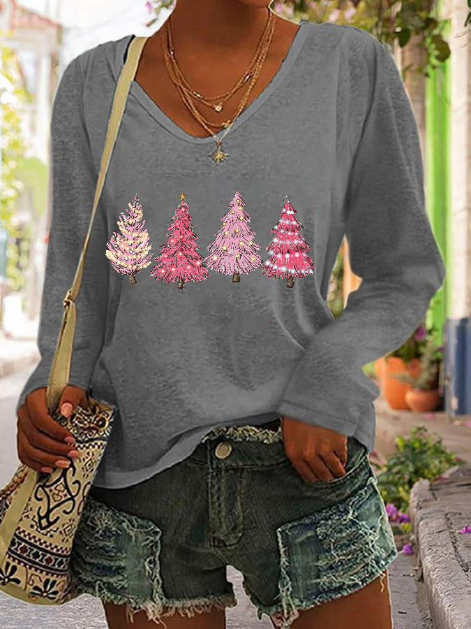 Women's Pink Holiday Tree Print V-Neck Long Sleeve T-Shirt