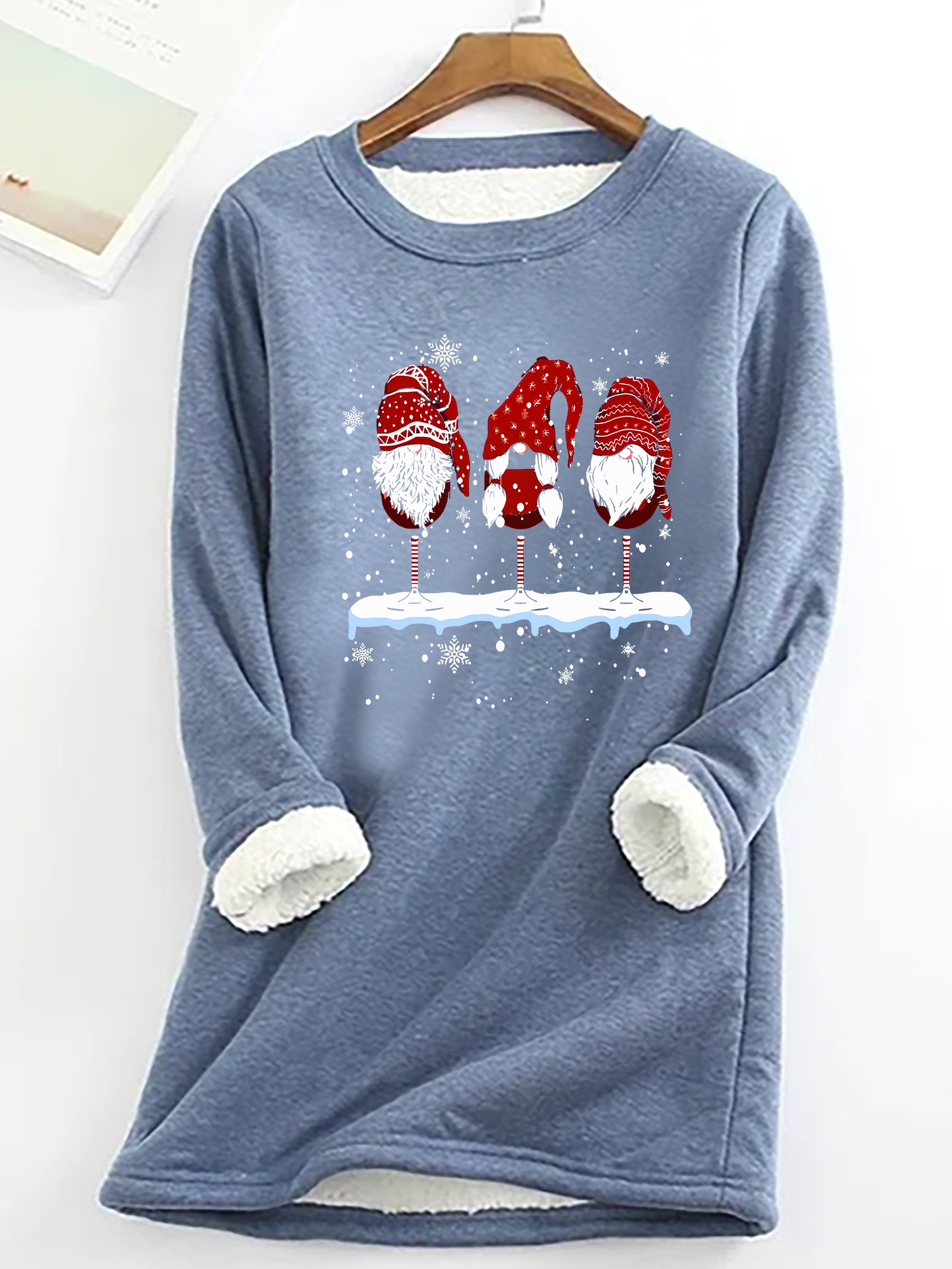 Wine Glasses Gnomies Christmas Casual Fluff Fleece Fabric Sweatshirt