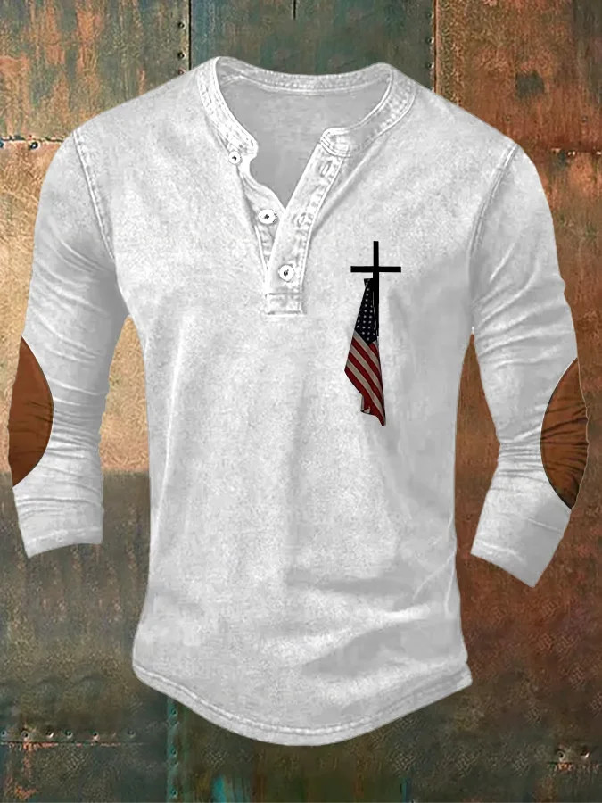 Men's Vintage Flag Cross Cotton Henley Shirt