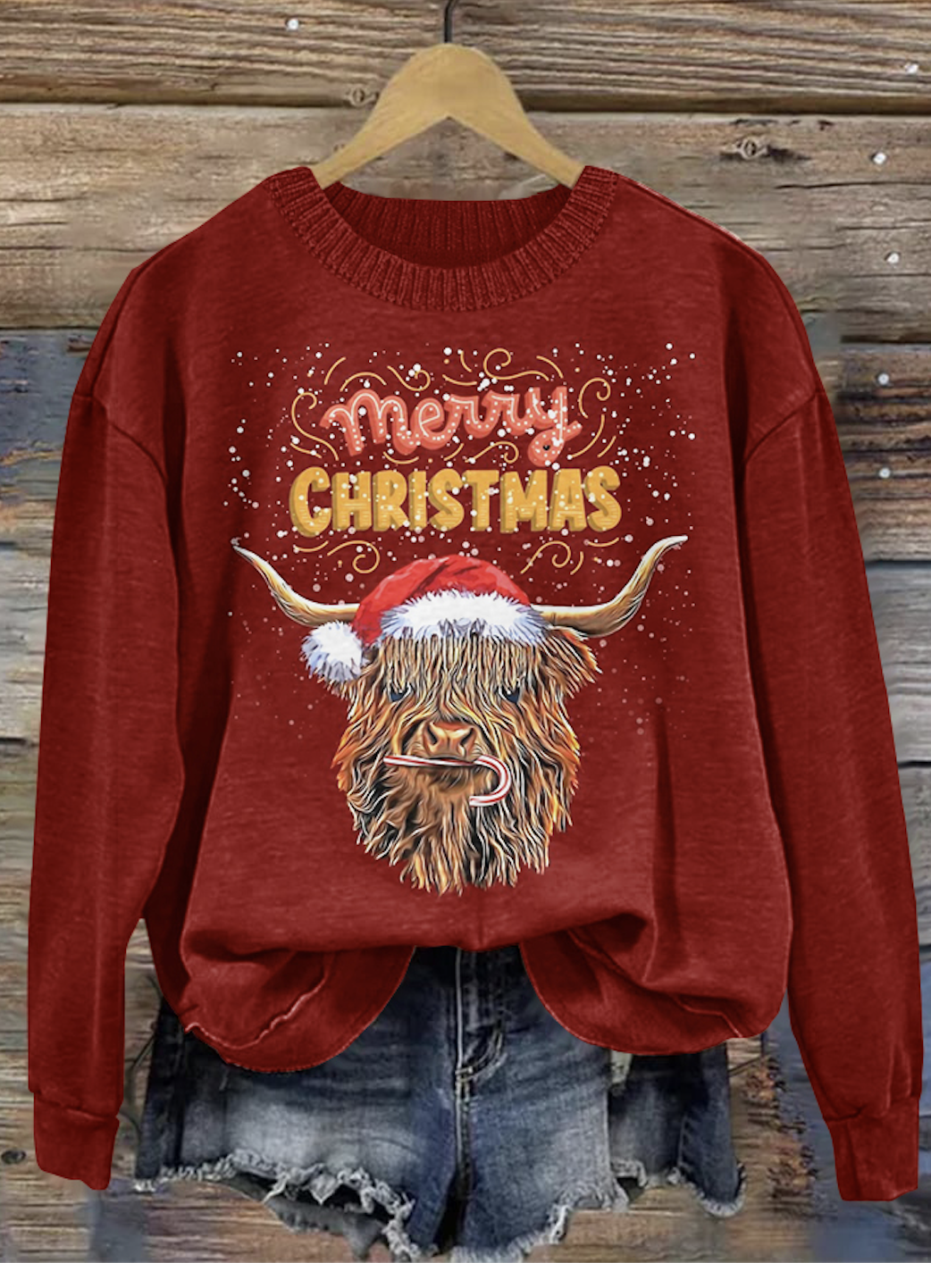 Christmas Cute Highland Cow Round Neck Sweatshirt