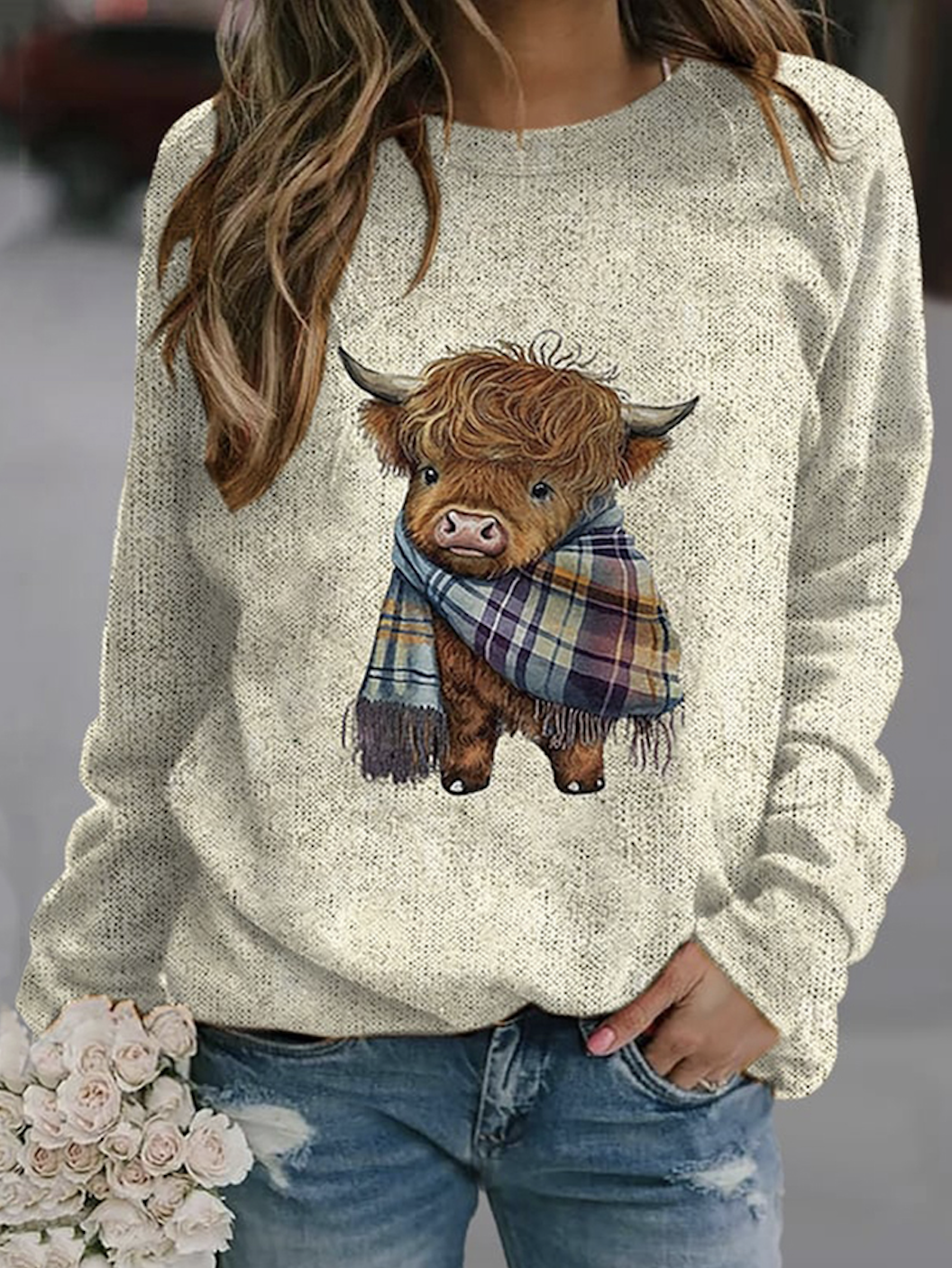 Cute highland cow round neck sweater