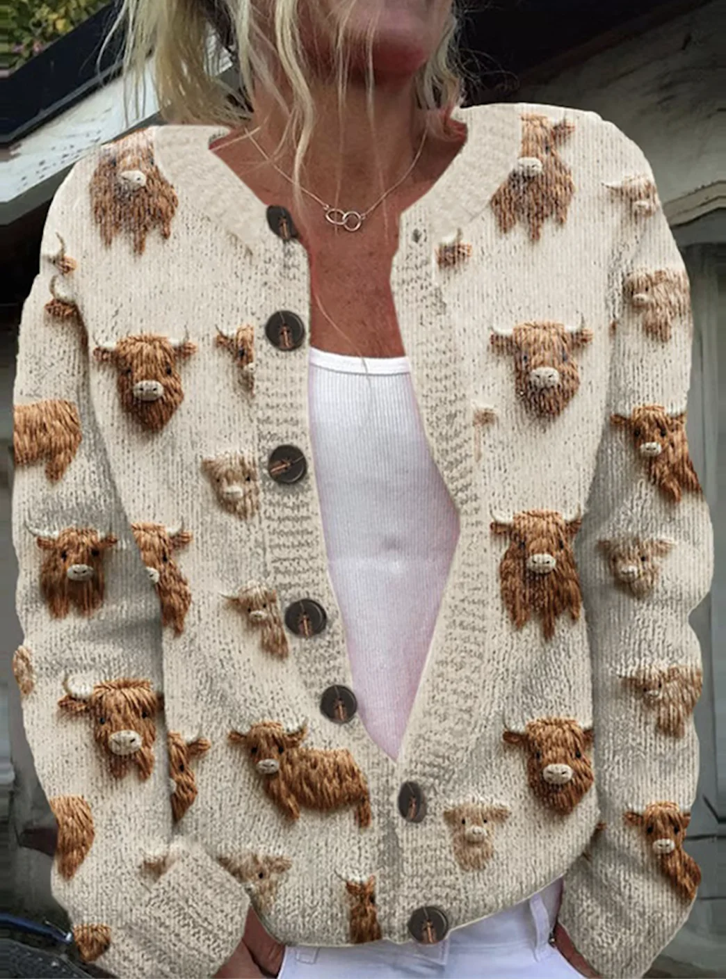 Highland Cow Art Knitted Button Sweater Cardigan