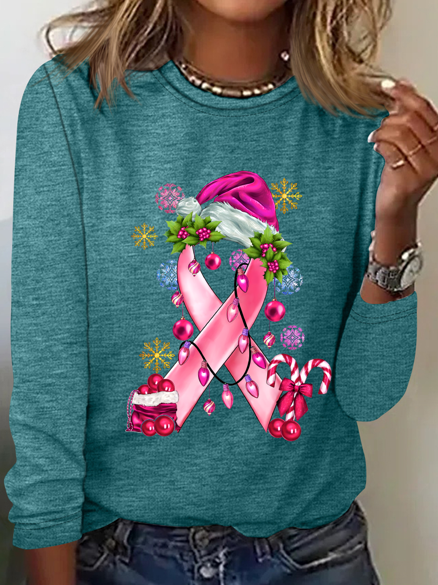 Pink Christmas Breast Cancer Casual Long Sleeve Shirt