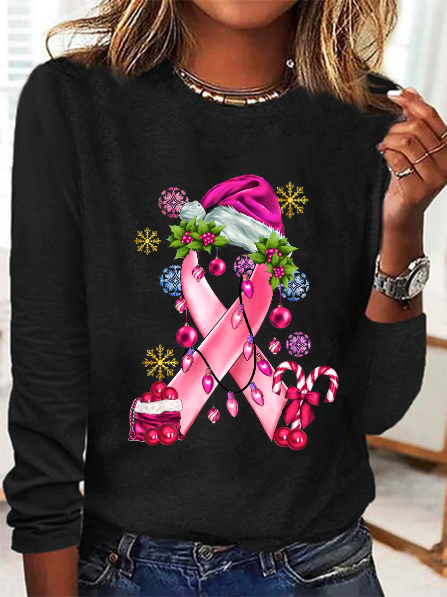 Pink Christmas Breast Cancer Casual Long Sleeve Shirt