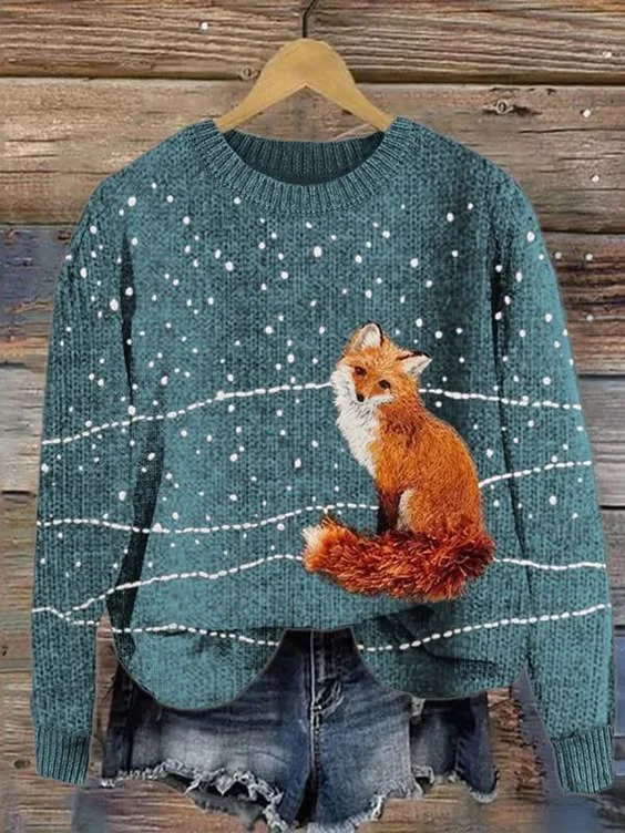 Women's Cute Fox Print Crewneck Knit Sweater