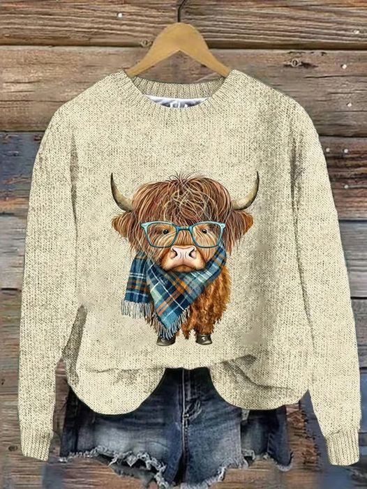 Women's West Highland Cow Print Casual 3D Printing Casual Knitted Sweater