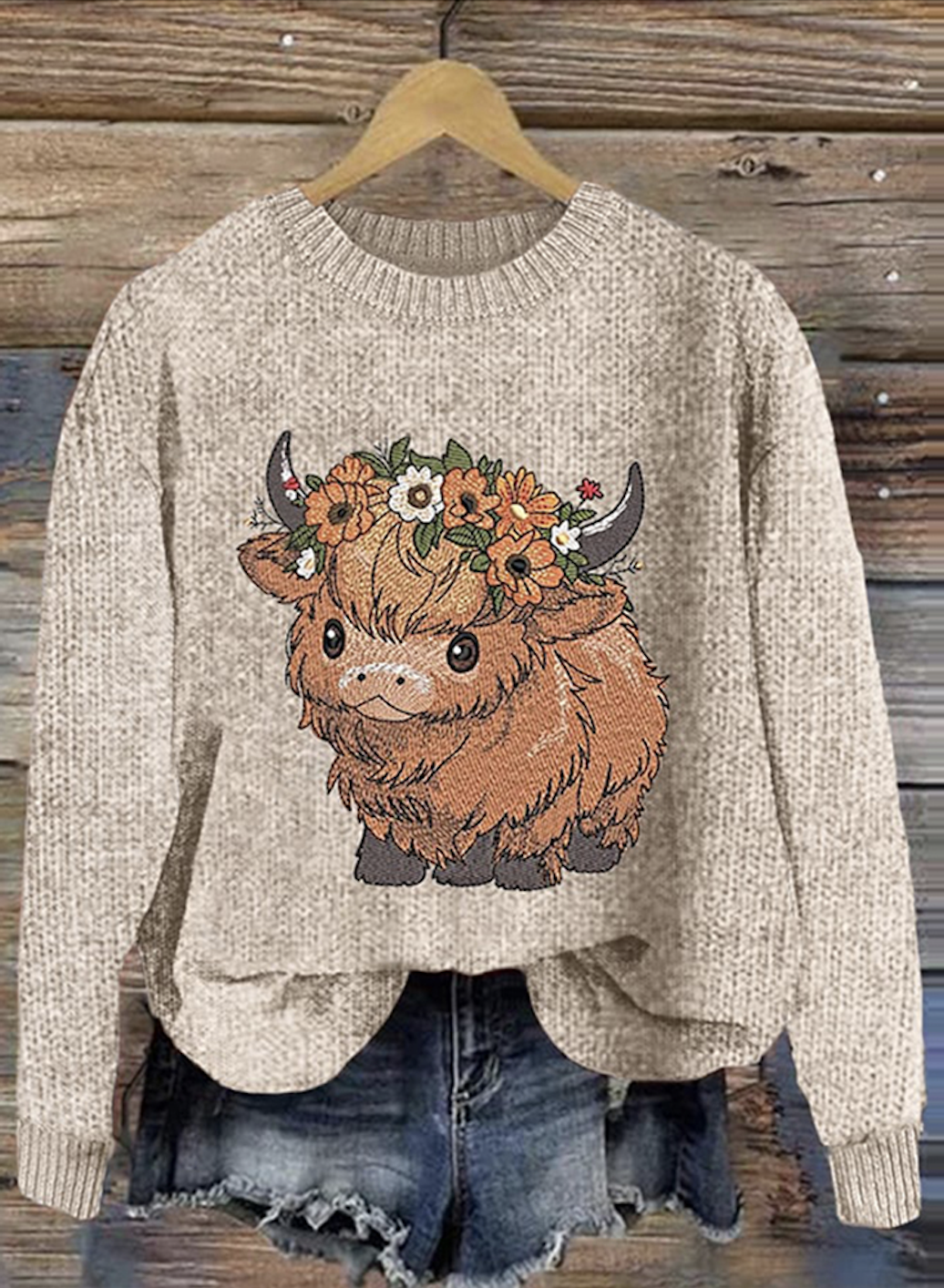 Scottish Cute Little Cow Round Neck Sweater