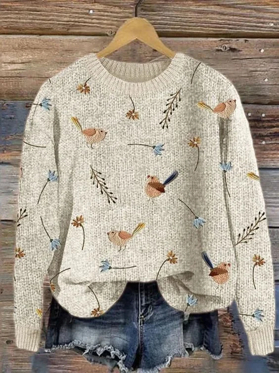 Women's Bird and Floral Print Crewneck Knit Sweatshirt