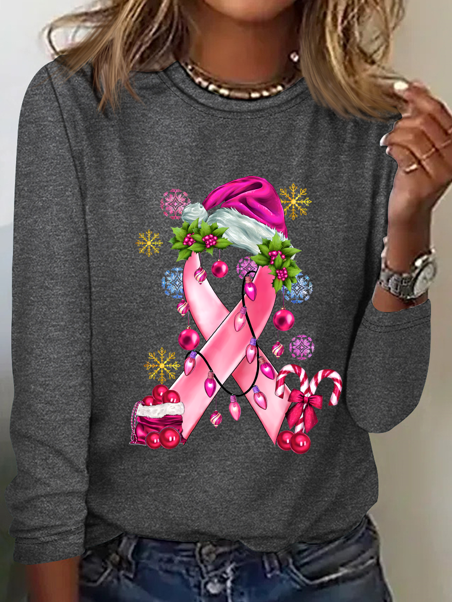 Pink Christmas Breast Cancer Casual Long Sleeve Shirt