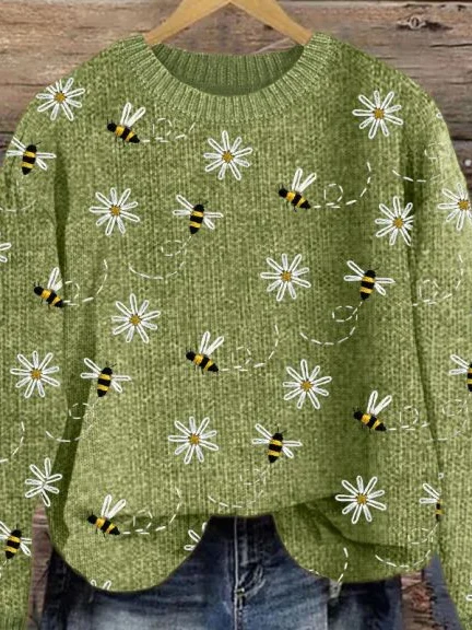 Women's Bee Floral Print Crewneck Knit Sweater