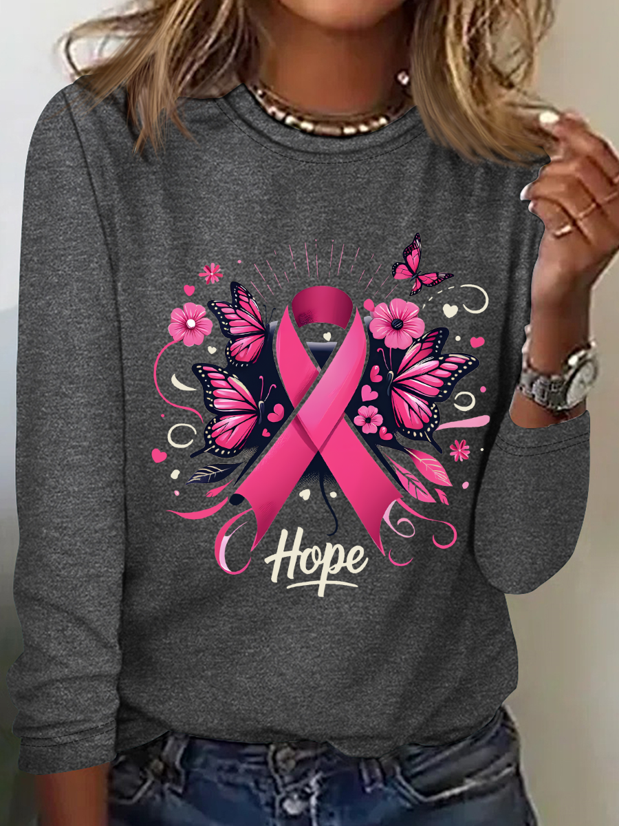 Cancer Hope Png Pink Butterfly Breast Cancer Casual Long Sleeve Shirt