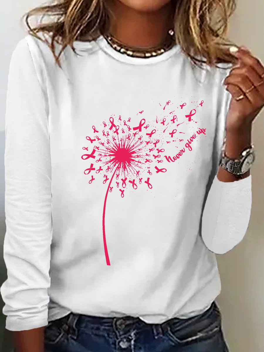 Dandelion Breast Cancer Never Giver Up Casual Long Sleeve Shirt