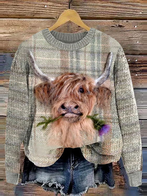 Highland Cow Greetings Wool Felt Knitted Pullover Sweater