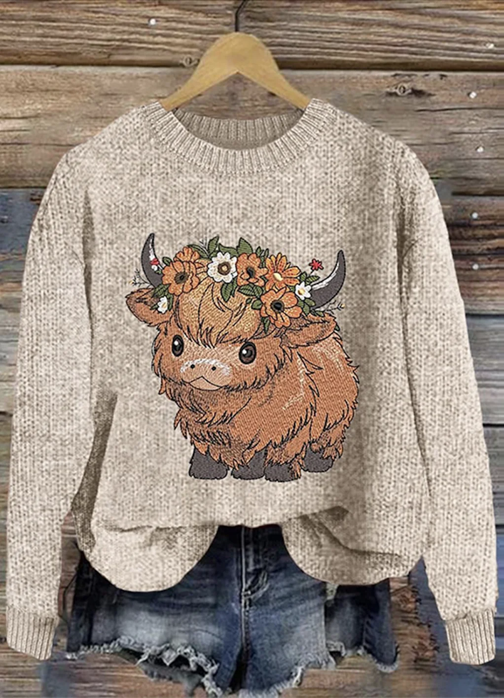 Scottish Cute Little Cow Round Neck Sweater