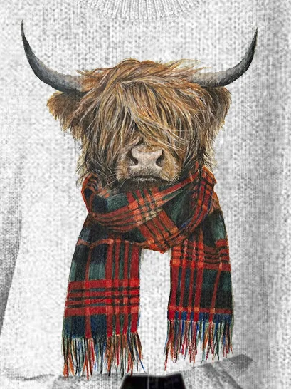 Western Highland Cow & Plaid Cozy Knit Sweater