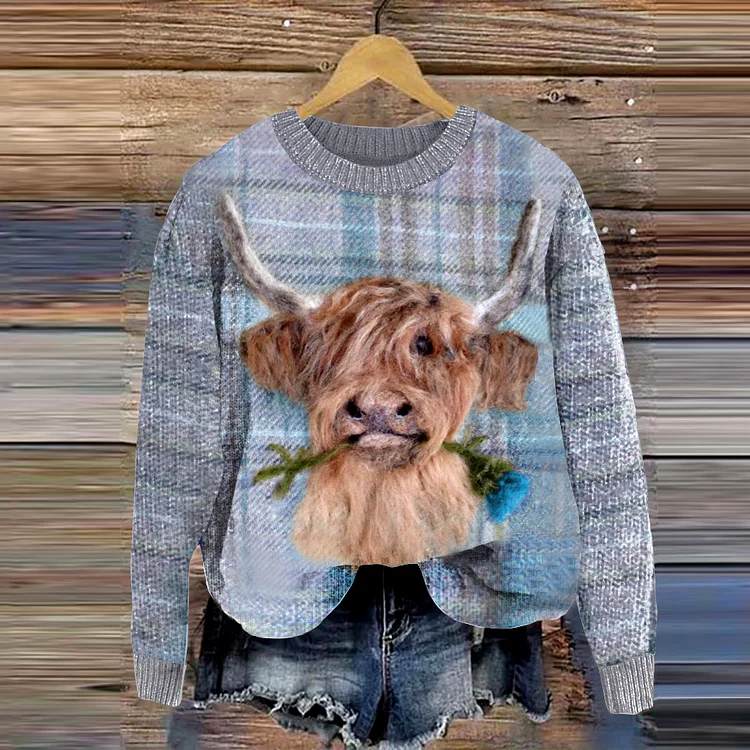 Highland Cow Greetings Wool Felt Knitted Pullover Sweater