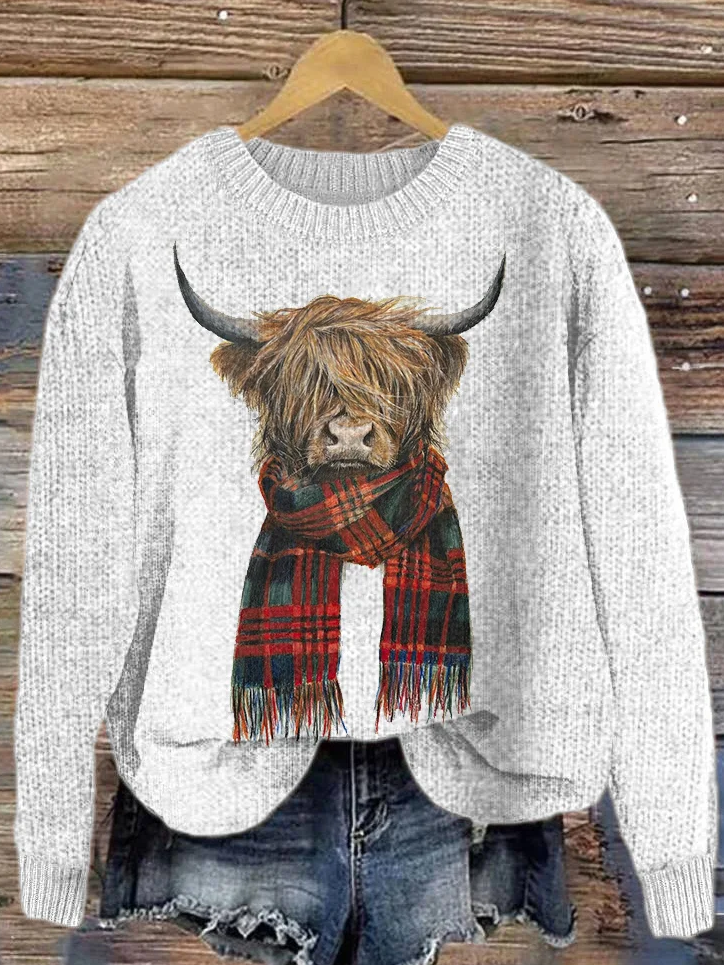 Western Highland Cow & Plaid Cozy Knit Sweater