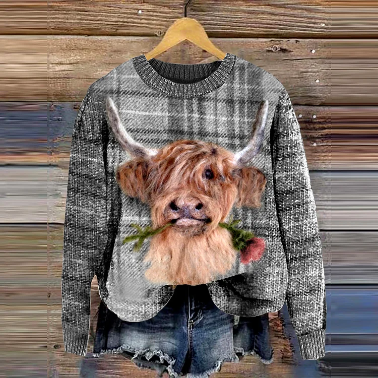 Highland Cow Greetings Wool Felt Knitted Pullover Sweater