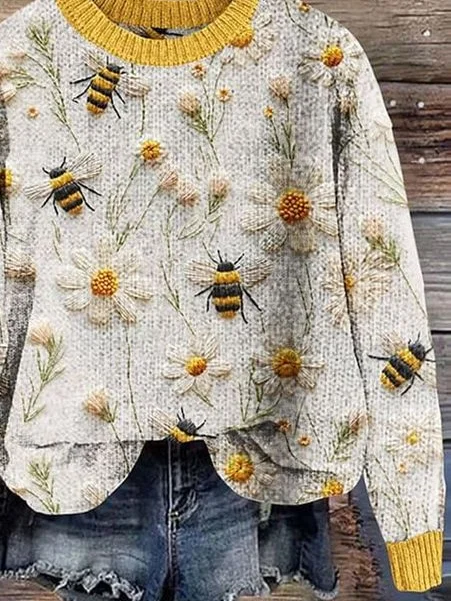 Women's Bee Floral Print Crewneck Knit Sweater