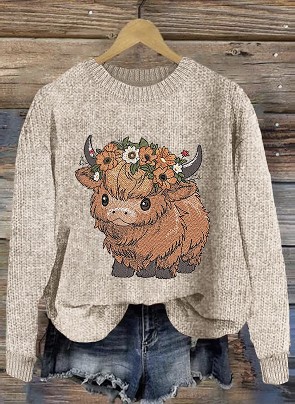 Scottish Cute Little Cow Round Neck Sweater