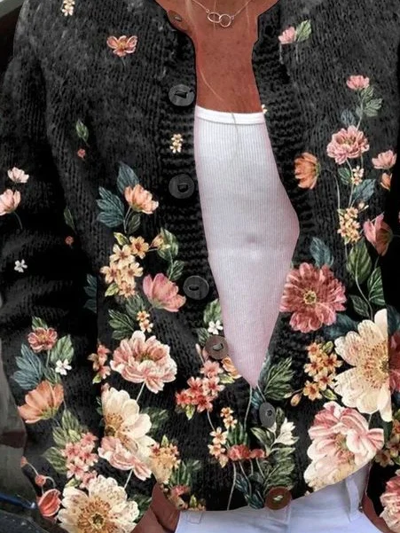 Women's Casual Floral Print Crewneck Knit Cardigan