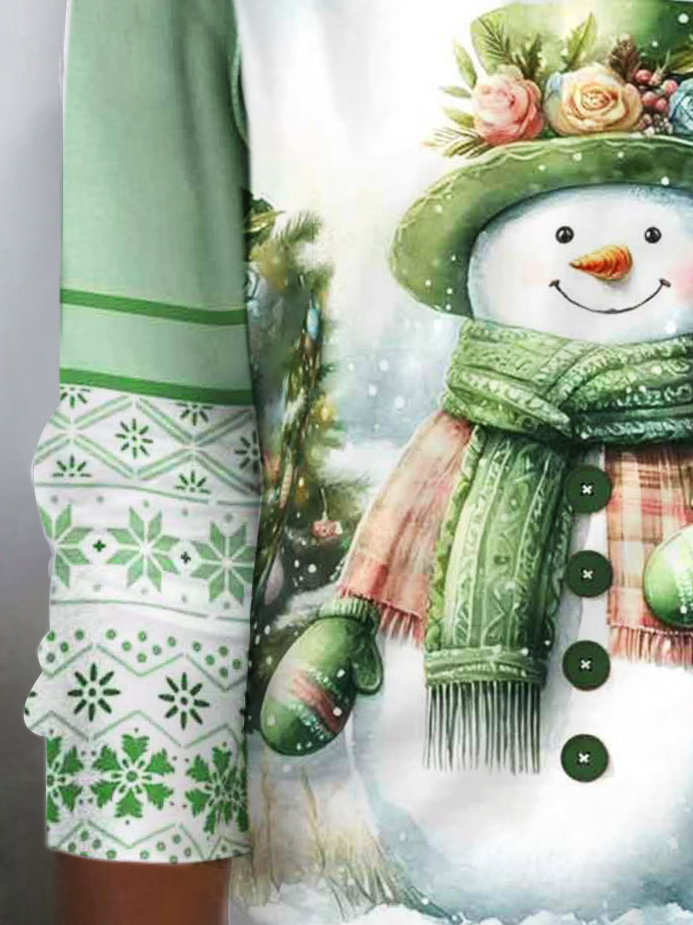 Christmas Snowman Design Round Neck Casual T-Shirt