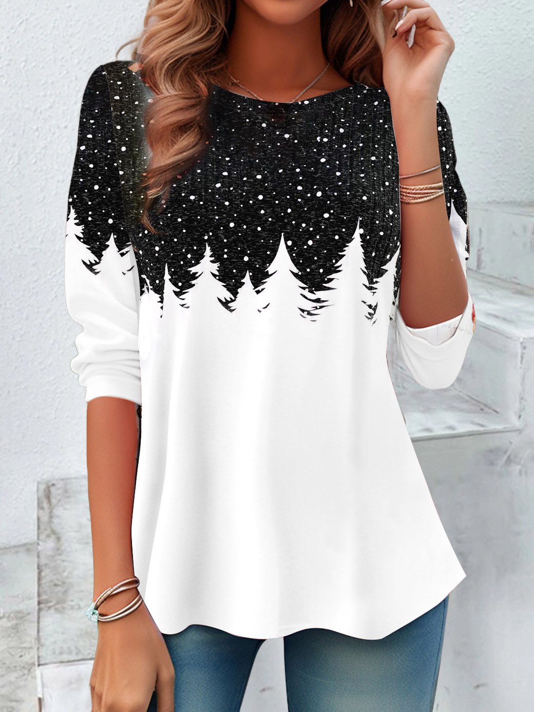 Christmas Tree Design Round Neck Casual T-Shirt