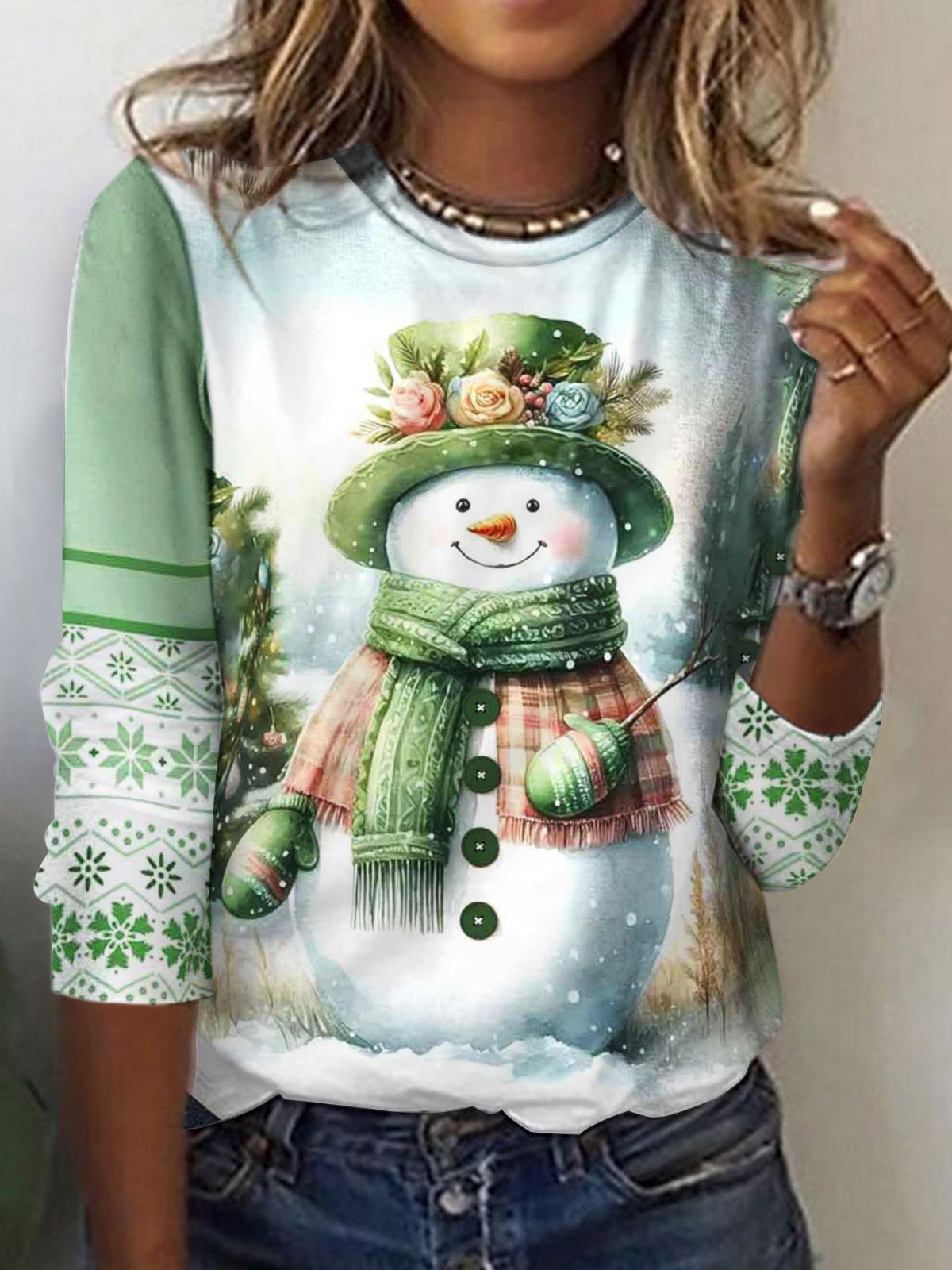 Christmas Snowman Design Round Neck Casual T-Shirt