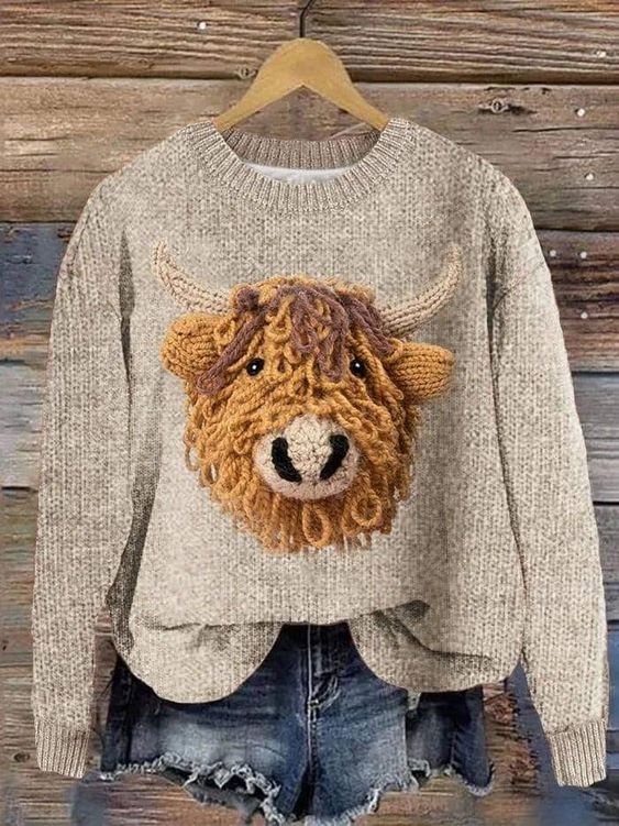 Women's Vintage Highland Cow Print Crew Neck Sweater